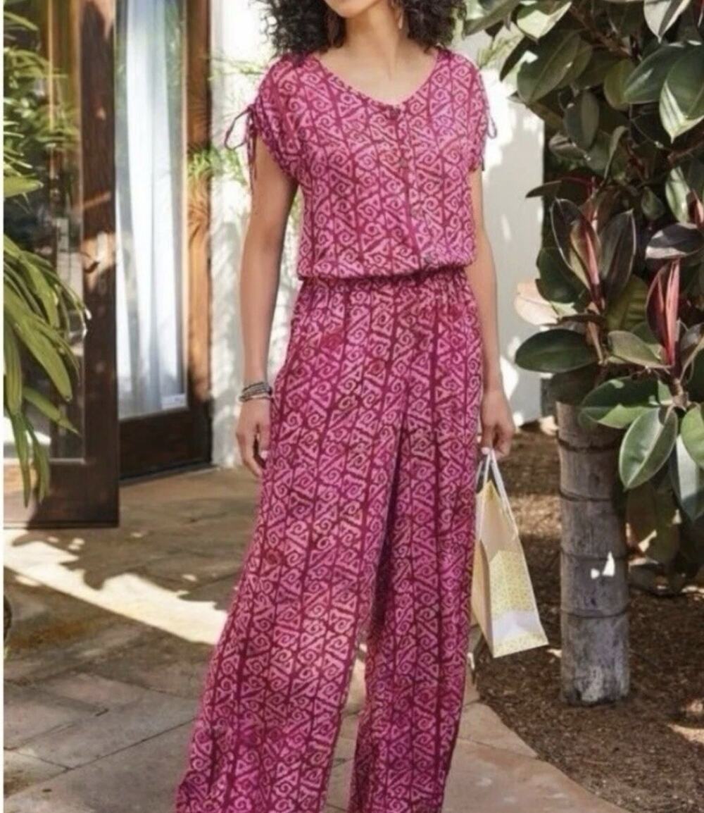 Soft Surroundings Size 1X Poppy Jumpsuit Rosella Fuchsia Pink Batik Print
